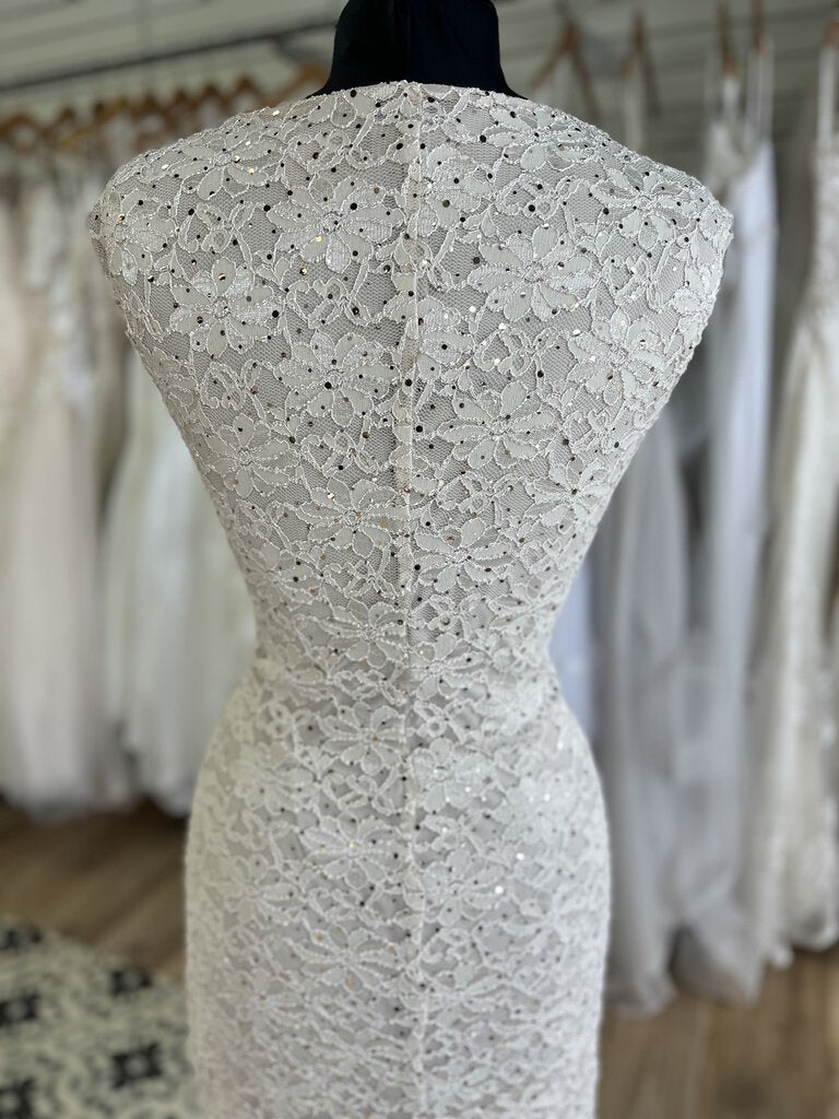 Connected Apparel Beige Sparkle Lace Short Sleeve Short Formal Dress 12