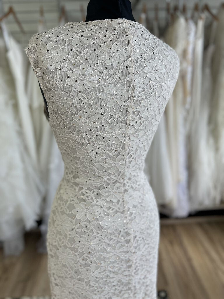 Connected Apparel Beige Sparkle Lace Short Sleeve Short Formal Dress 12