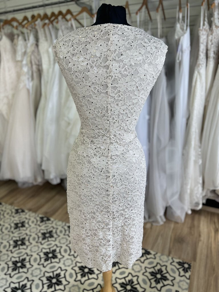 Connected Apparel Beige Sparkle Lace Short Sleeve Short Formal Dress 12