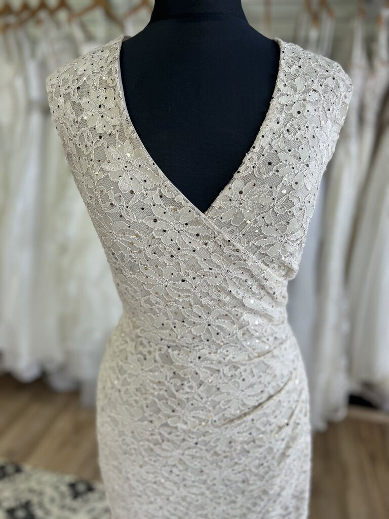 Connected Apparel Beige Sparkle Lace Short Sleeve Short Formal Dress 12