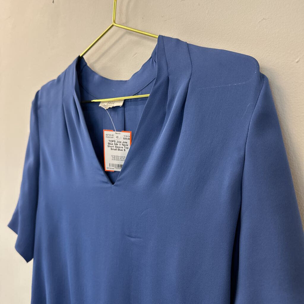 Joie Blue Silk V Neck Short Sleeve Top Small