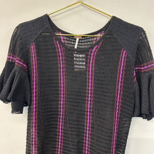 Free People Black/ Purple Knit Short Ruffle Sleeve Top Small