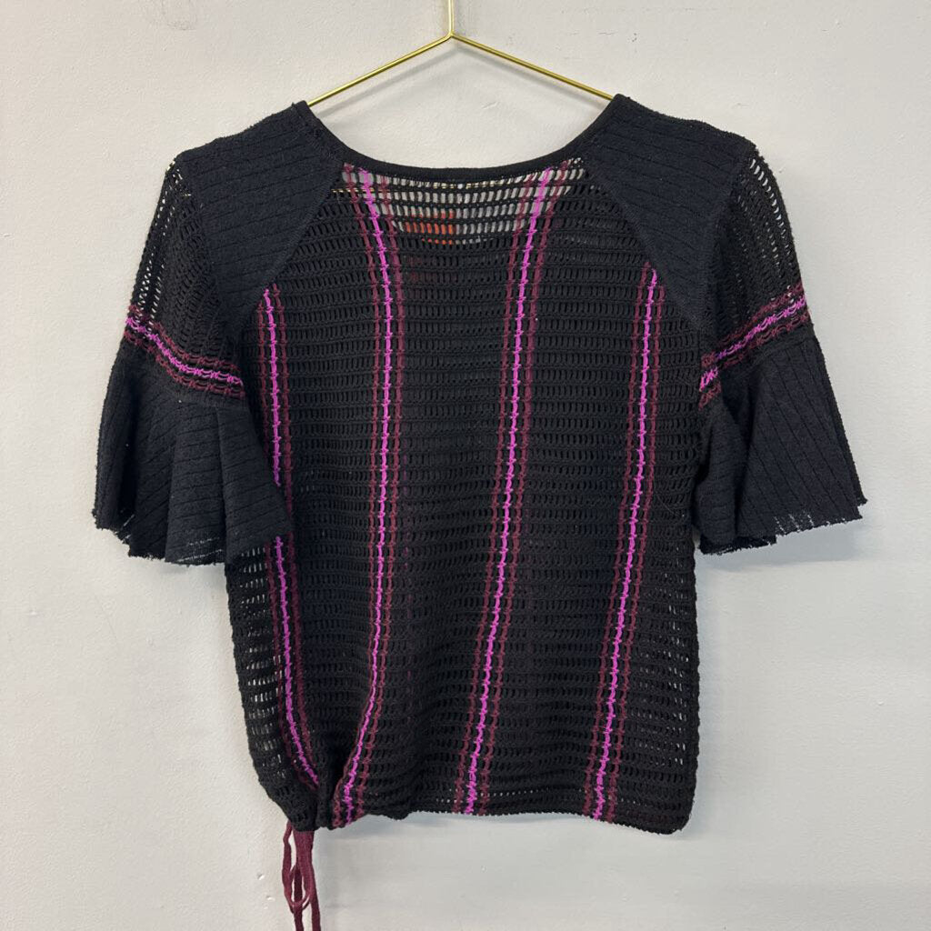 Free People Black/ Purple Knit Short Ruffle Sleeve Top Small