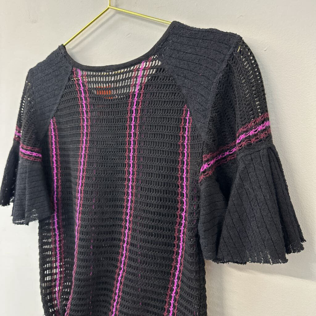 Free People Black/ Purple Knit Short Ruffle Sleeve Top Small