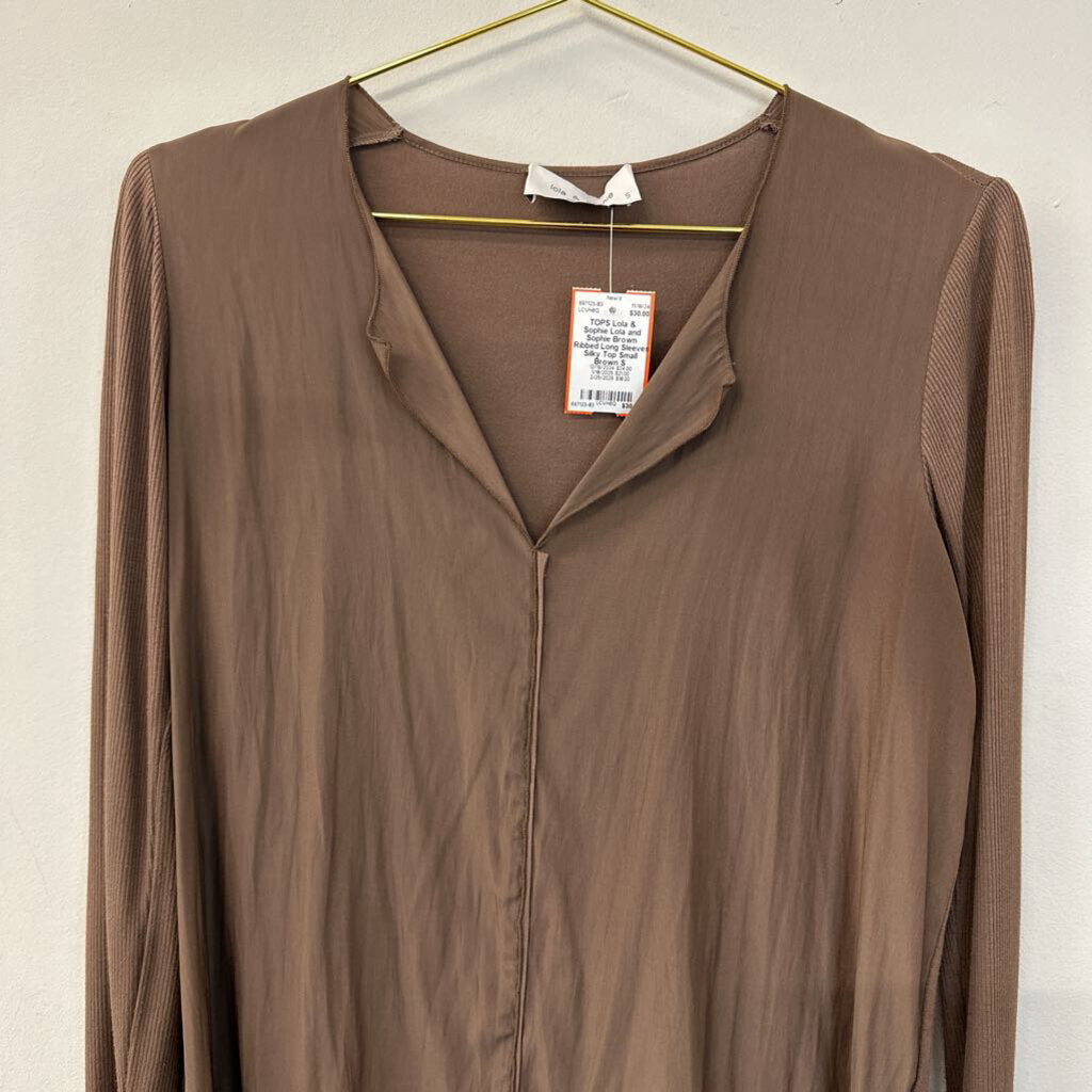 Lola and Sophie Brown Ribbed Long Sleeves Silky Top Small