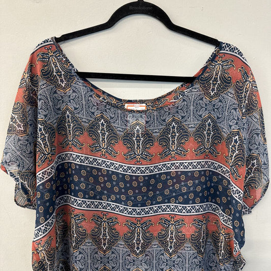 Kina Coral/ Navy Print Sheer Short Sleeve Top Medium