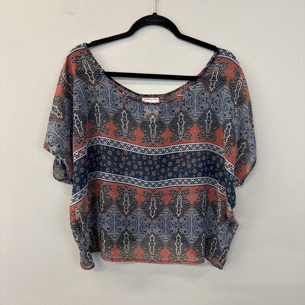 Kina Coral/ Navy Print Sheer Short Sleeve Top Medium