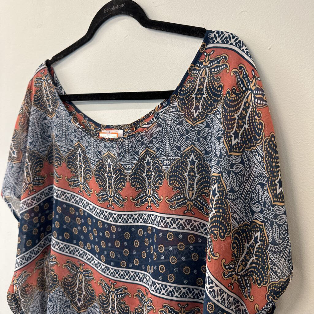 Kina Coral/ Navy Print Sheer Short Sleeve Top Medium