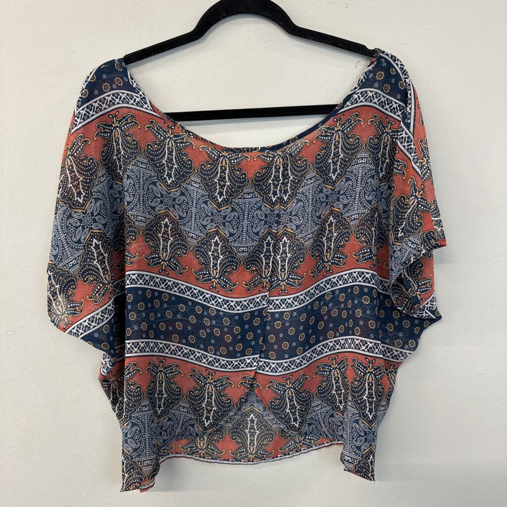 Kina Coral/ Navy Print Sheer Short Sleeve Top Medium