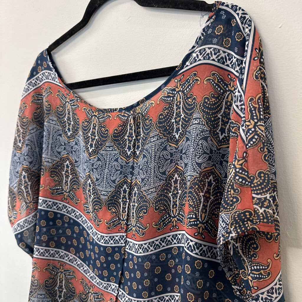 Kina Coral/ Navy Print Sheer Short Sleeve Top Medium