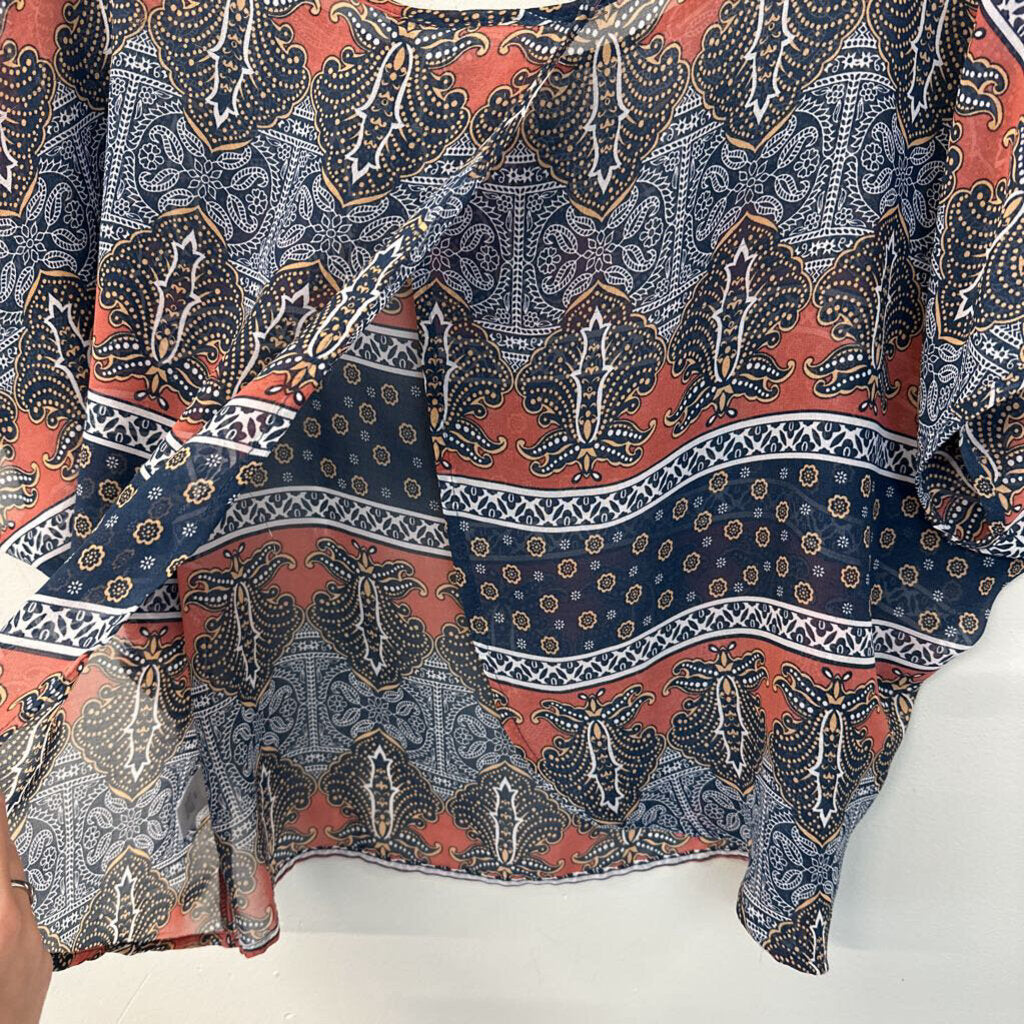 Kina Coral/ Navy Print Sheer Short Sleeve Top Medium