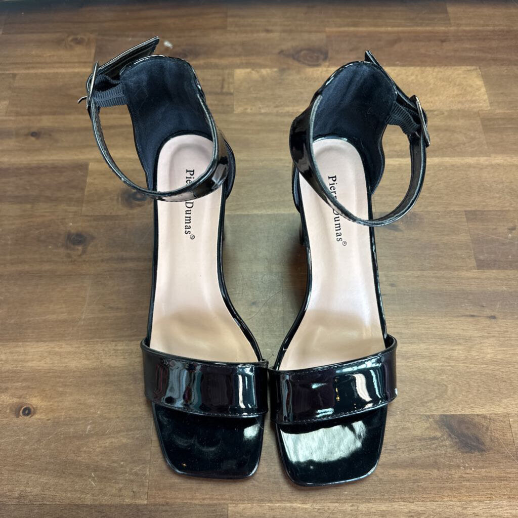 Pierre Dumas Black Patent Leather Open Toe Heels 7