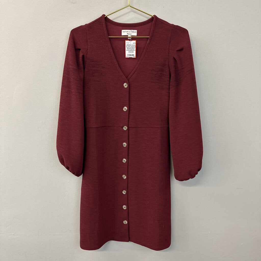 Texture & Thread by Madewell Burgundy Button Front Long Puff Sleeve Dress Extra Small