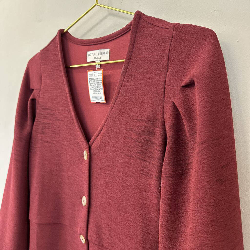 Texture & Thread by Madewell Burgundy Button Front Long Puff Sleeve Dress Extra Small