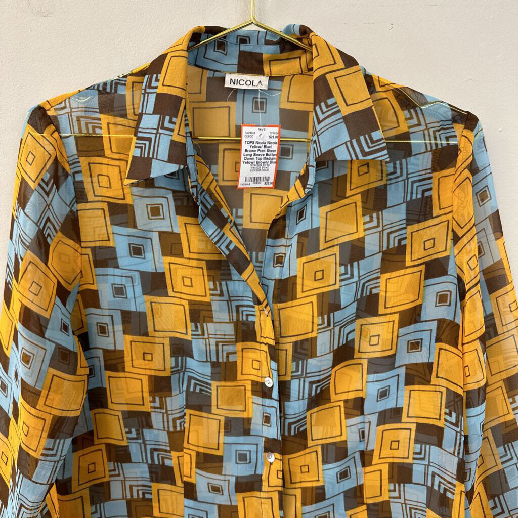 Nicola Yellow/ Blue/ Brown Print Sheer Long Sleeve Button Down Top Medium