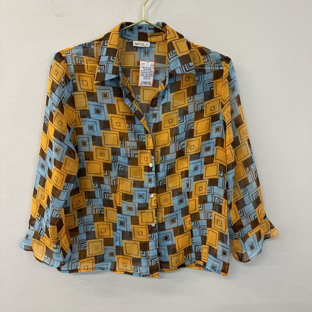 Nicola Yellow/ Blue/ Brown Print Sheer Long Sleeve Button Down Top Medium