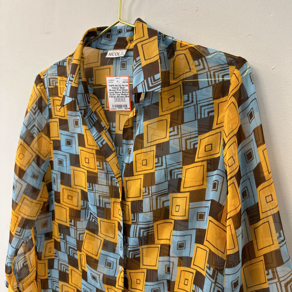 Nicola Yellow/ Blue/ Brown Print Sheer Long Sleeve Button Down Top Medium