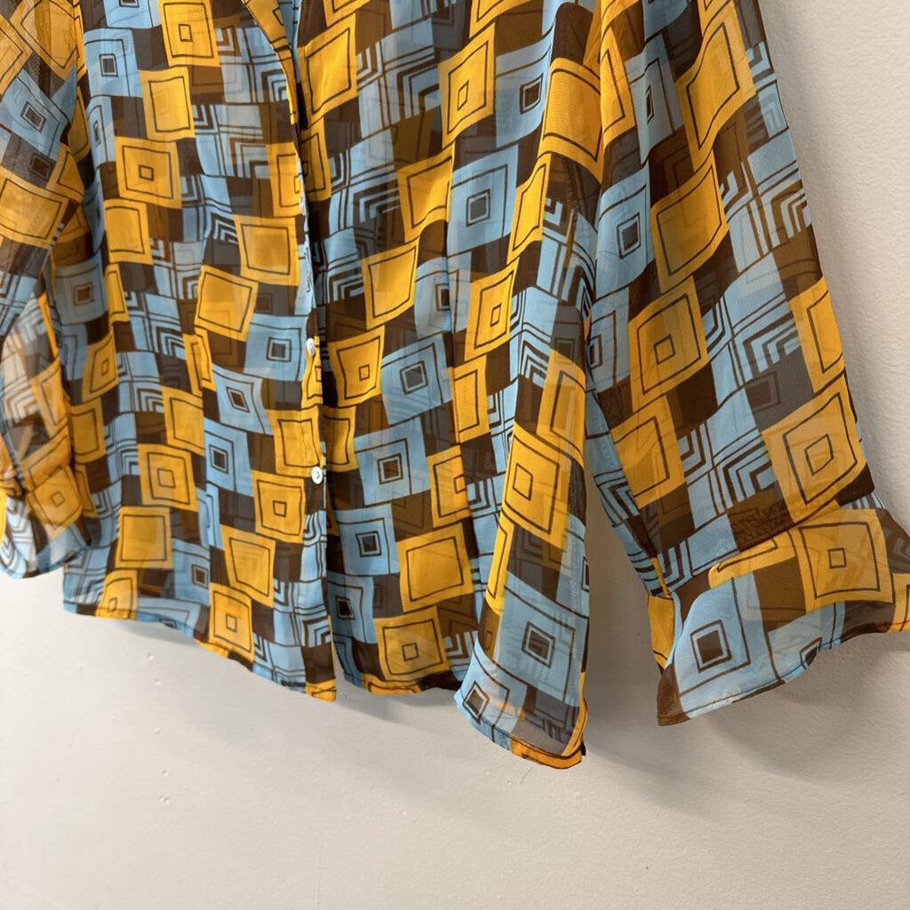 Nicola Yellow/ Blue/ Brown Print Sheer Long Sleeve Button Down Top Medium