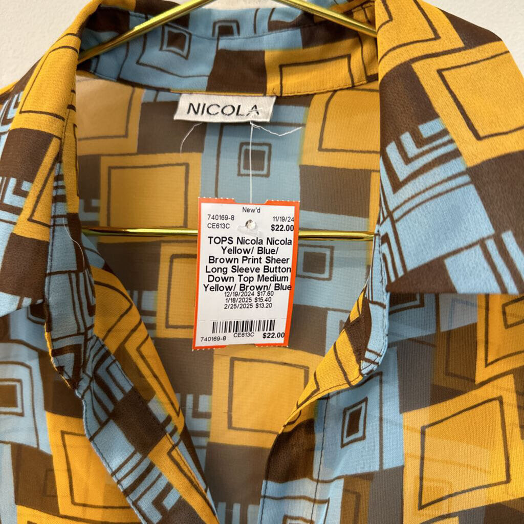 Nicola Yellow/ Blue/ Brown Print Sheer Long Sleeve Button Down Top Medium