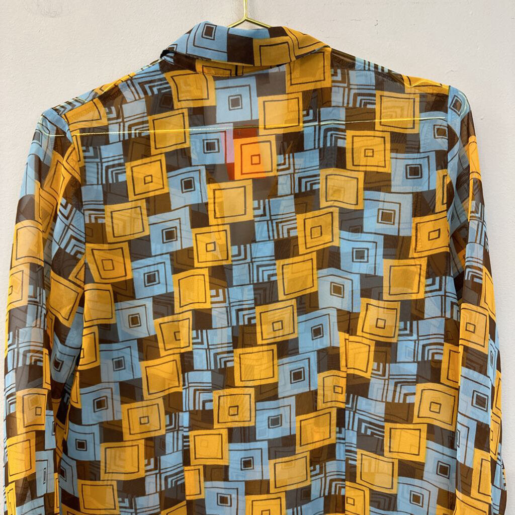 Nicola Yellow/ Blue/ Brown Print Sheer Long Sleeve Button Down Top Medium