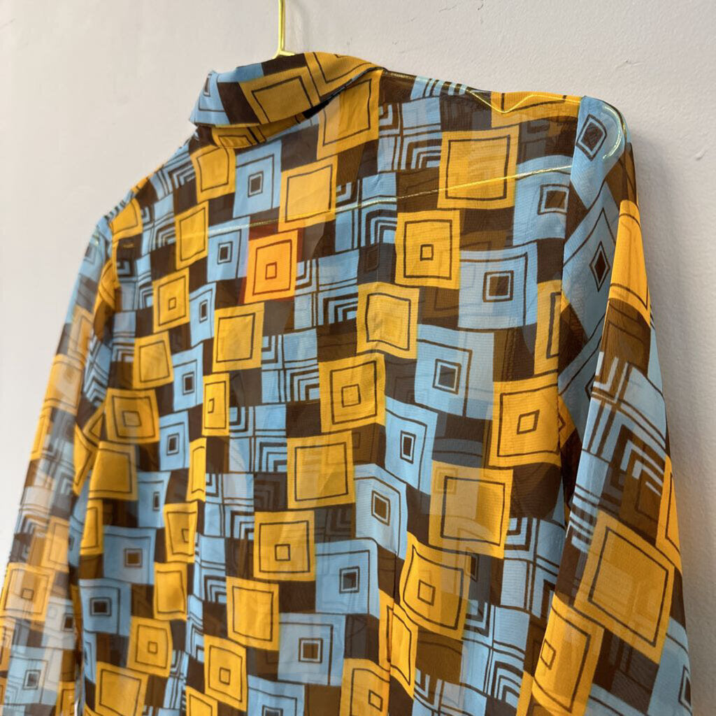 Nicola Yellow/ Blue/ Brown Print Sheer Long Sleeve Button Down Top Medium