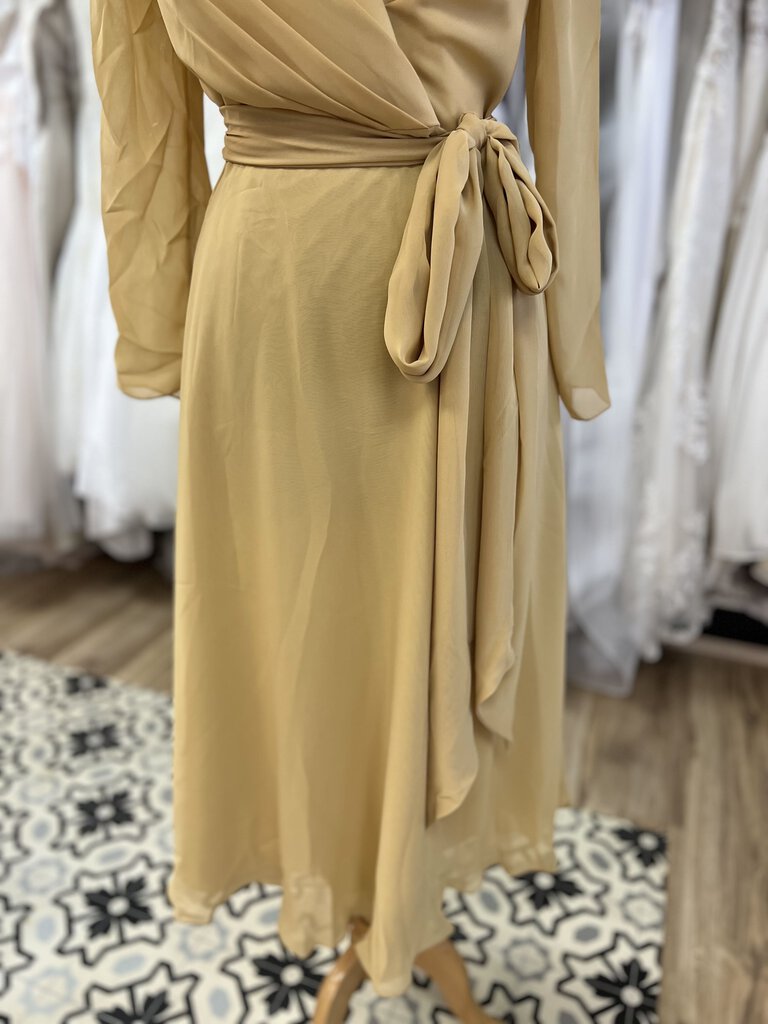 Stacees Gold Long Sleeve V Neck Midi Dress 12