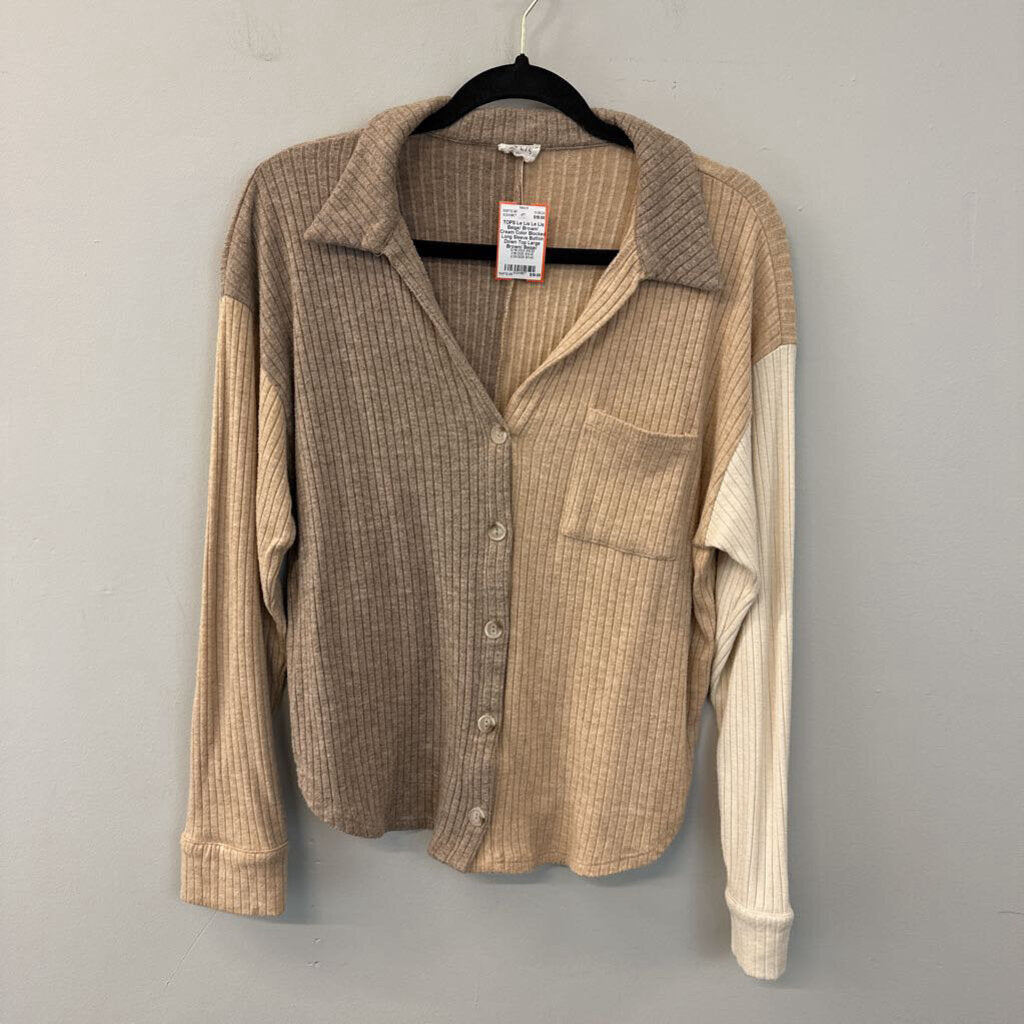 Le Lis Beige/ Brown/ Cream Color Blocked Long Sleeve Button Down Top Large