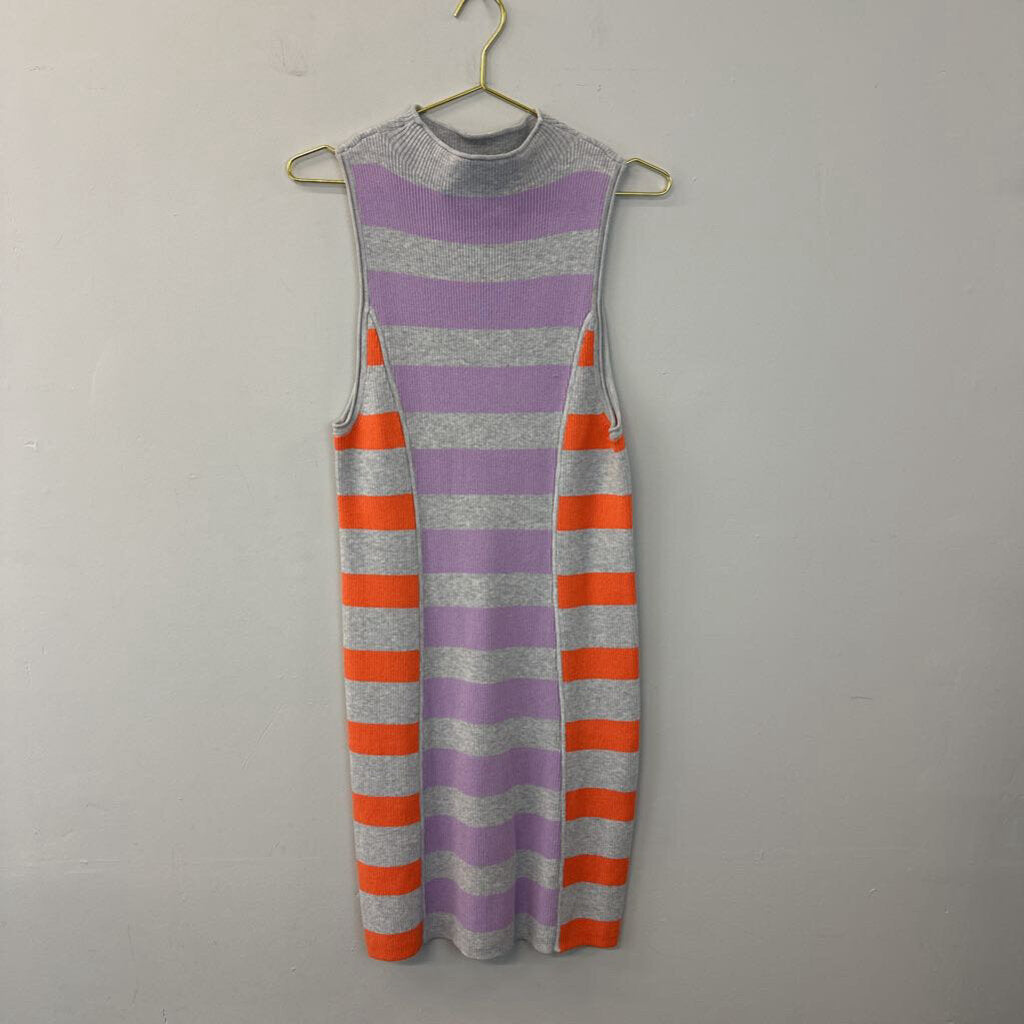 Daily Practice Anthropologie Grey/ Purple/ Orange Striped Mock Neck Sleeveless Fitted Dress Large