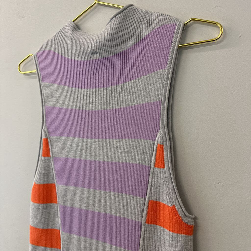 Daily Practice Anthropologie Grey/ Purple/ Orange Striped Mock Neck Sleeveless Fitted Dress Large