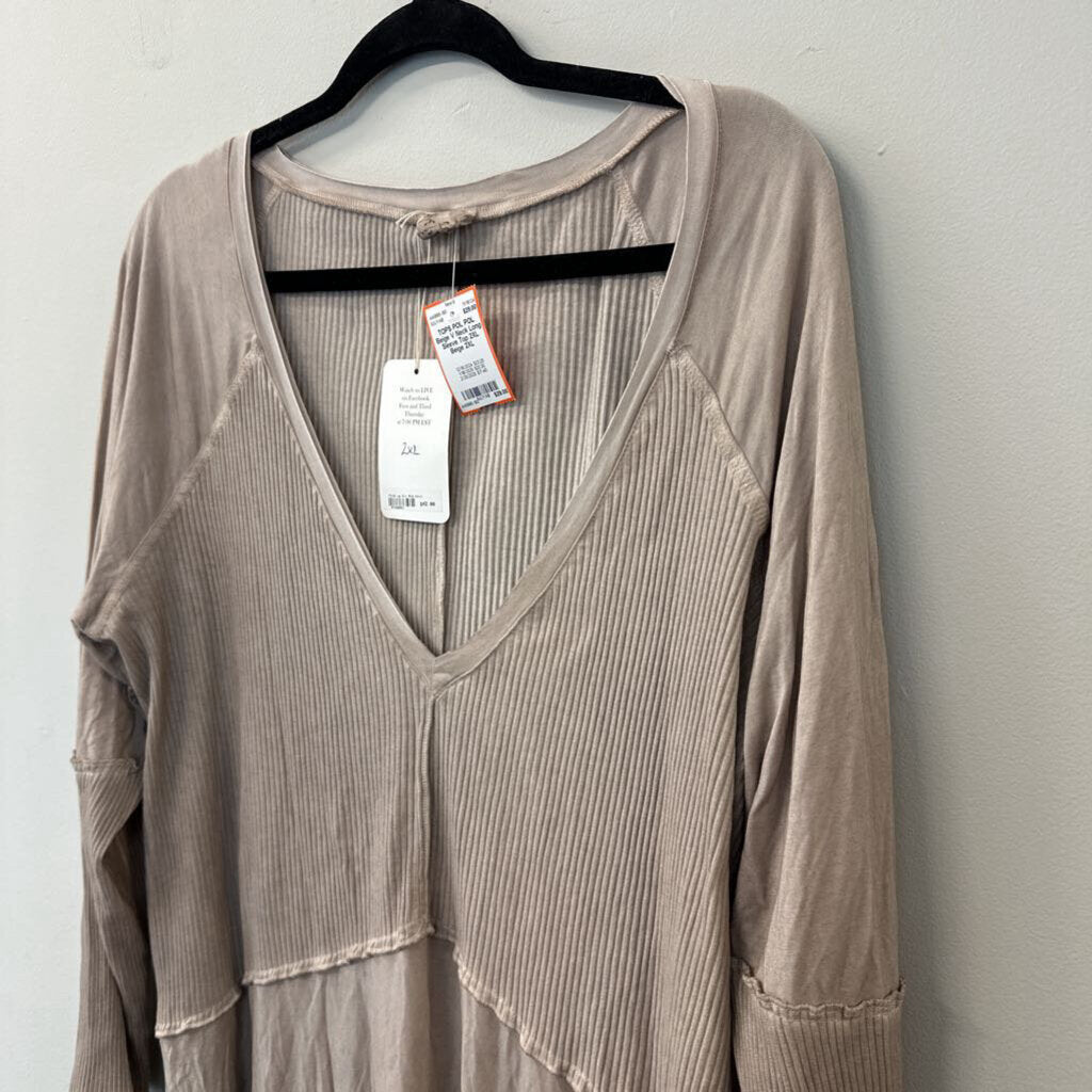 POL Beige V Neck Long Sleeve Top 2XL