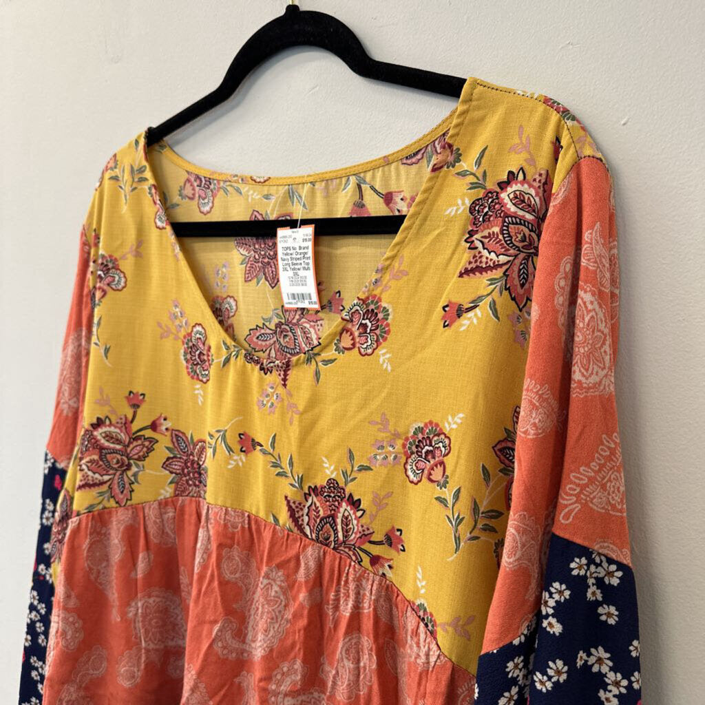 Yellow/ Orange/ Navy Striped Print Long Sleeve Top 3XL