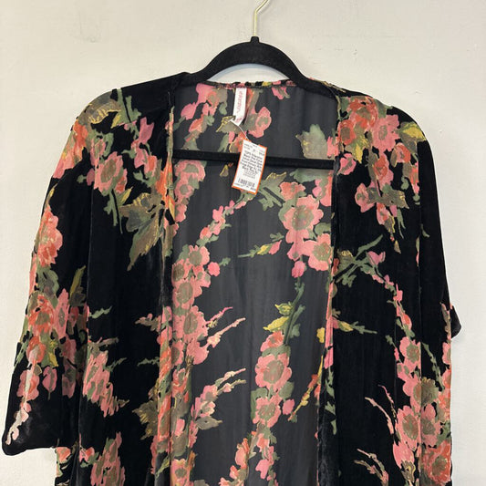 Black/ Pink Floral Velvet Detail Open Front Kimono With Fringe Edge XL/ XXL