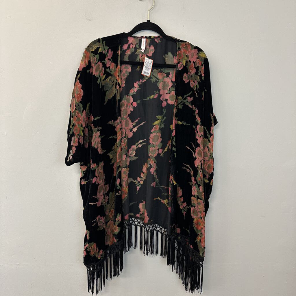 Black/ Pink Floral Velvet Detail Open Front Kimono With Fringe Edge XL/ XXL