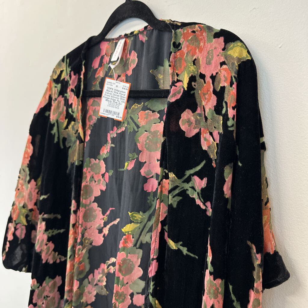 Black/ Pink Floral Velvet Detail Open Front Kimono With Fringe Edge XL/ XXL