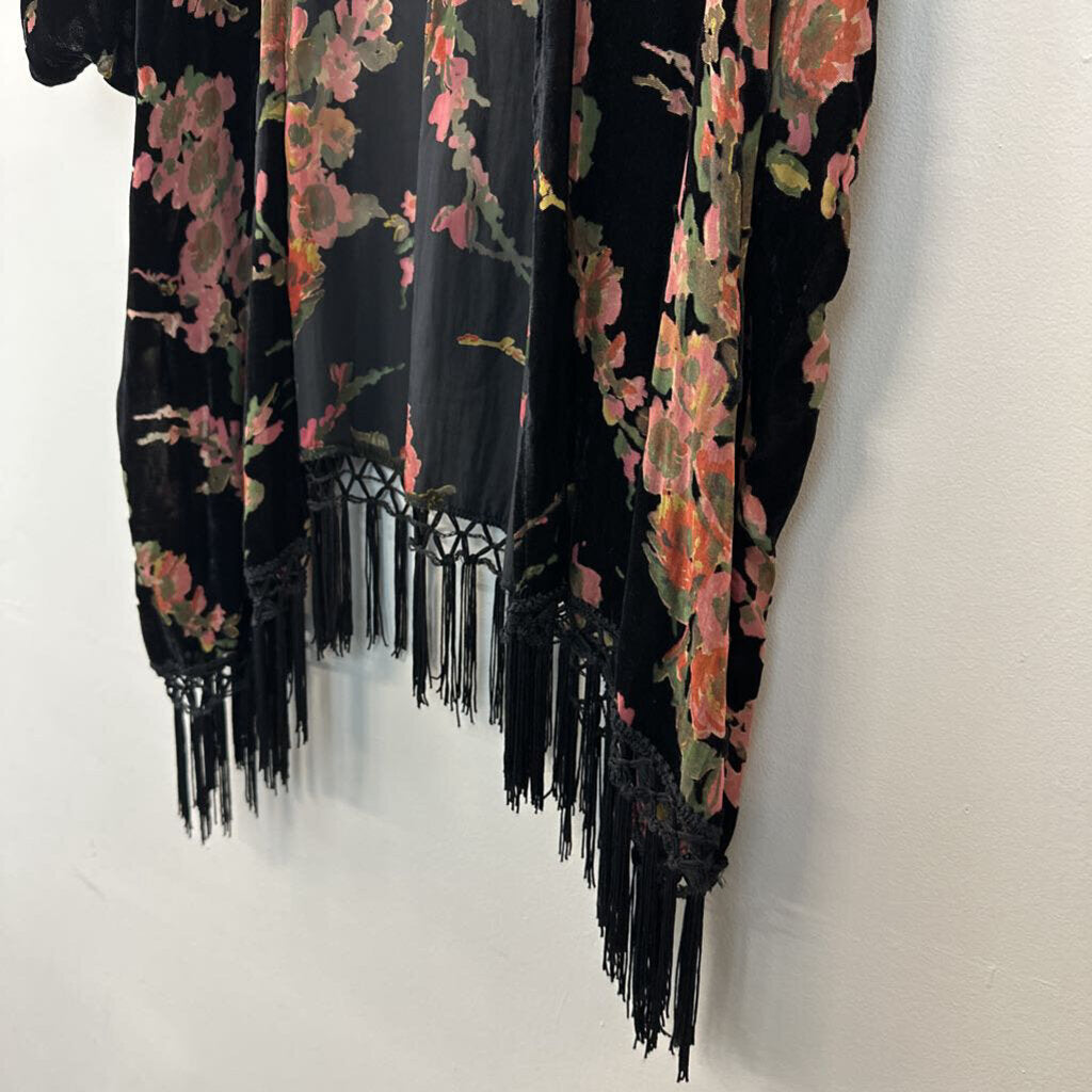 Black/ Pink Floral Velvet Detail Open Front Kimono With Fringe Edge XL/ XXL