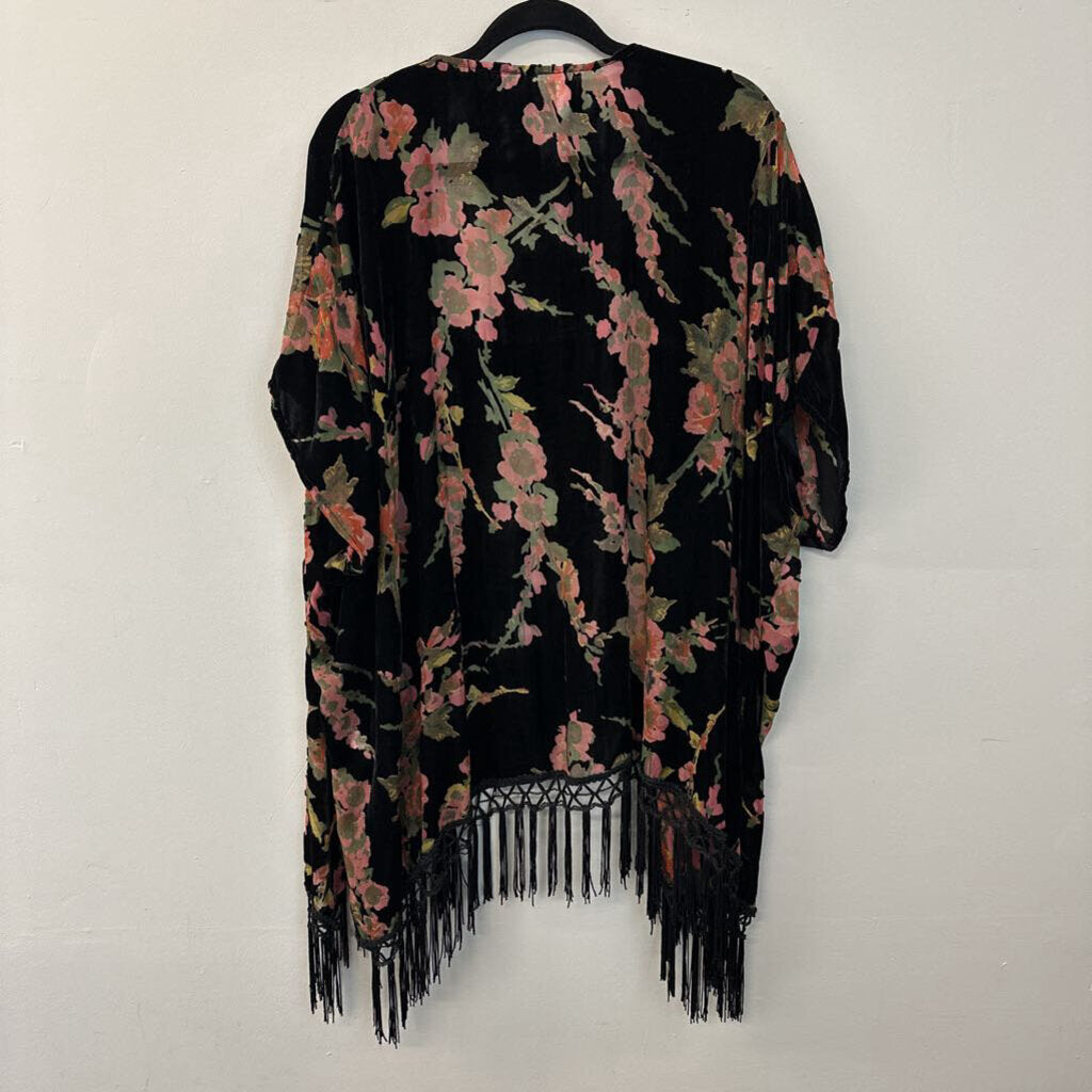 Black/ Pink Floral Velvet Detail Open Front Kimono With Fringe Edge XL/ XXL