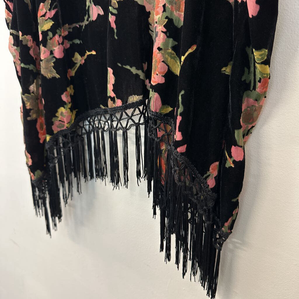 Black/ Pink Floral Velvet Detail Open Front Kimono With Fringe Edge XL/ XXL