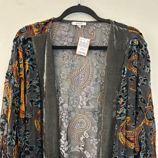 Jodifl Grey/ Blue/ Gold Velvet Paisley Print Open Front Kimono 3X