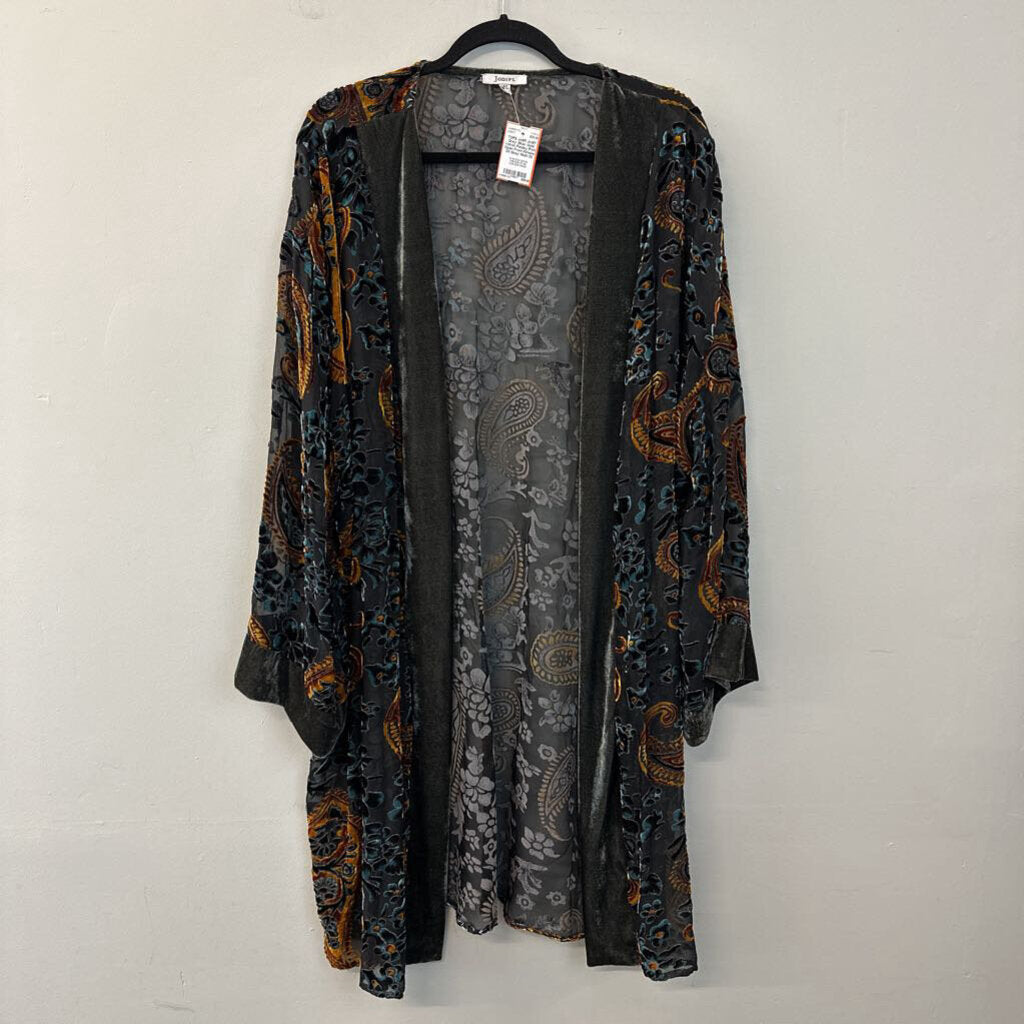 Jodifl Grey/ Blue/ Gold Velvet Paisley Print Open Front Kimono 3X