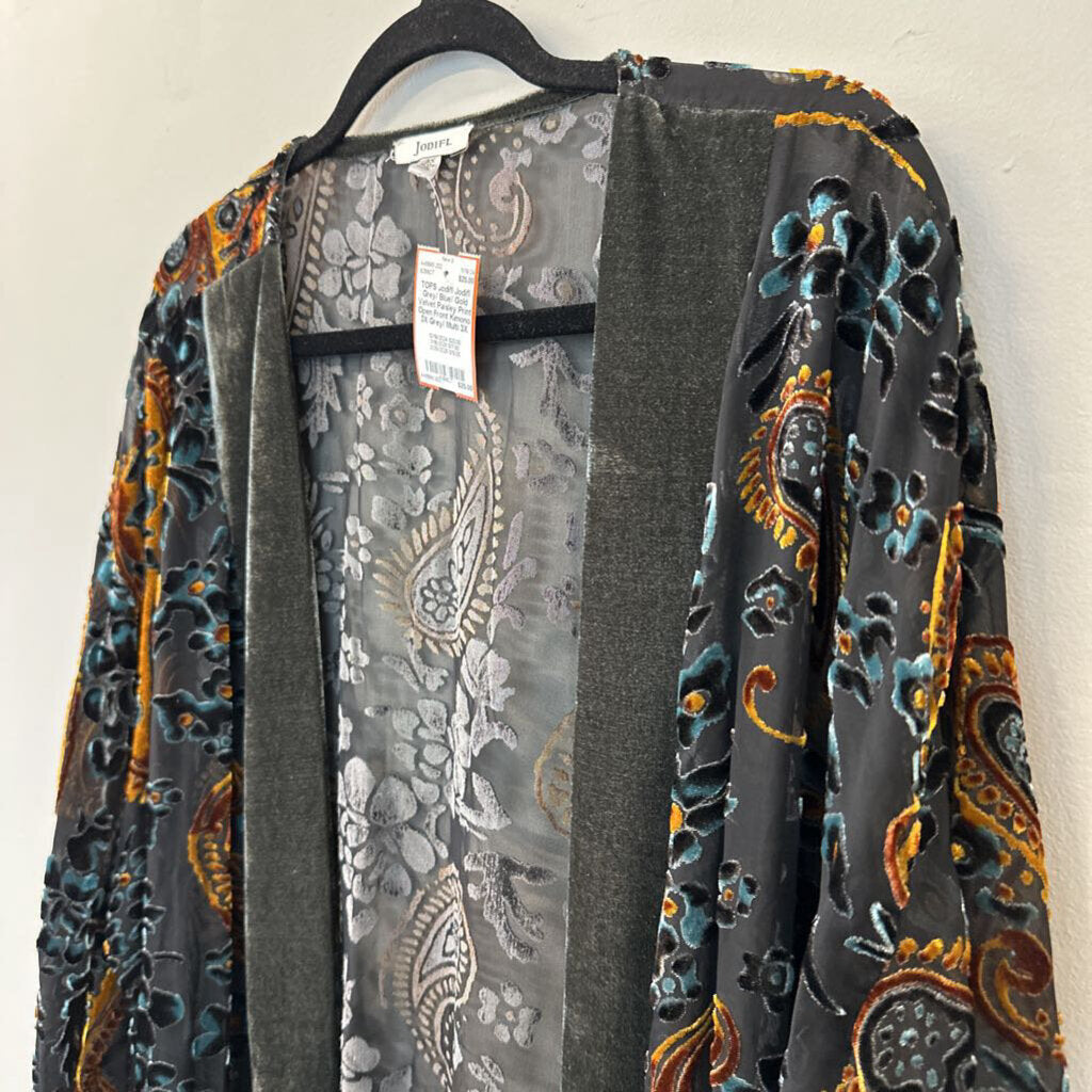 Jodifl Grey/ Blue/ Gold Velvet Paisley Print Open Front Kimono 3X