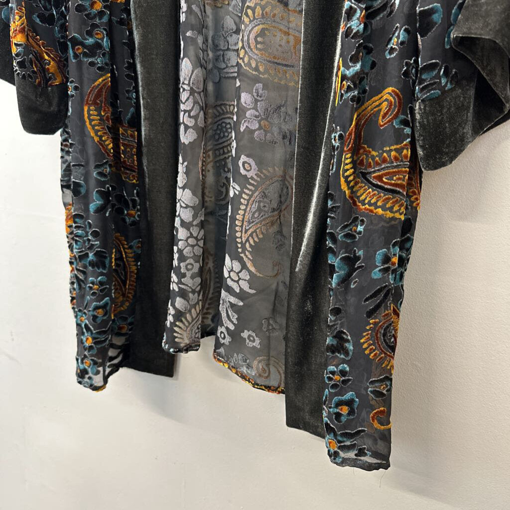 Jodifl Grey/ Blue/ Gold Velvet Paisley Print Open Front Kimono 3X