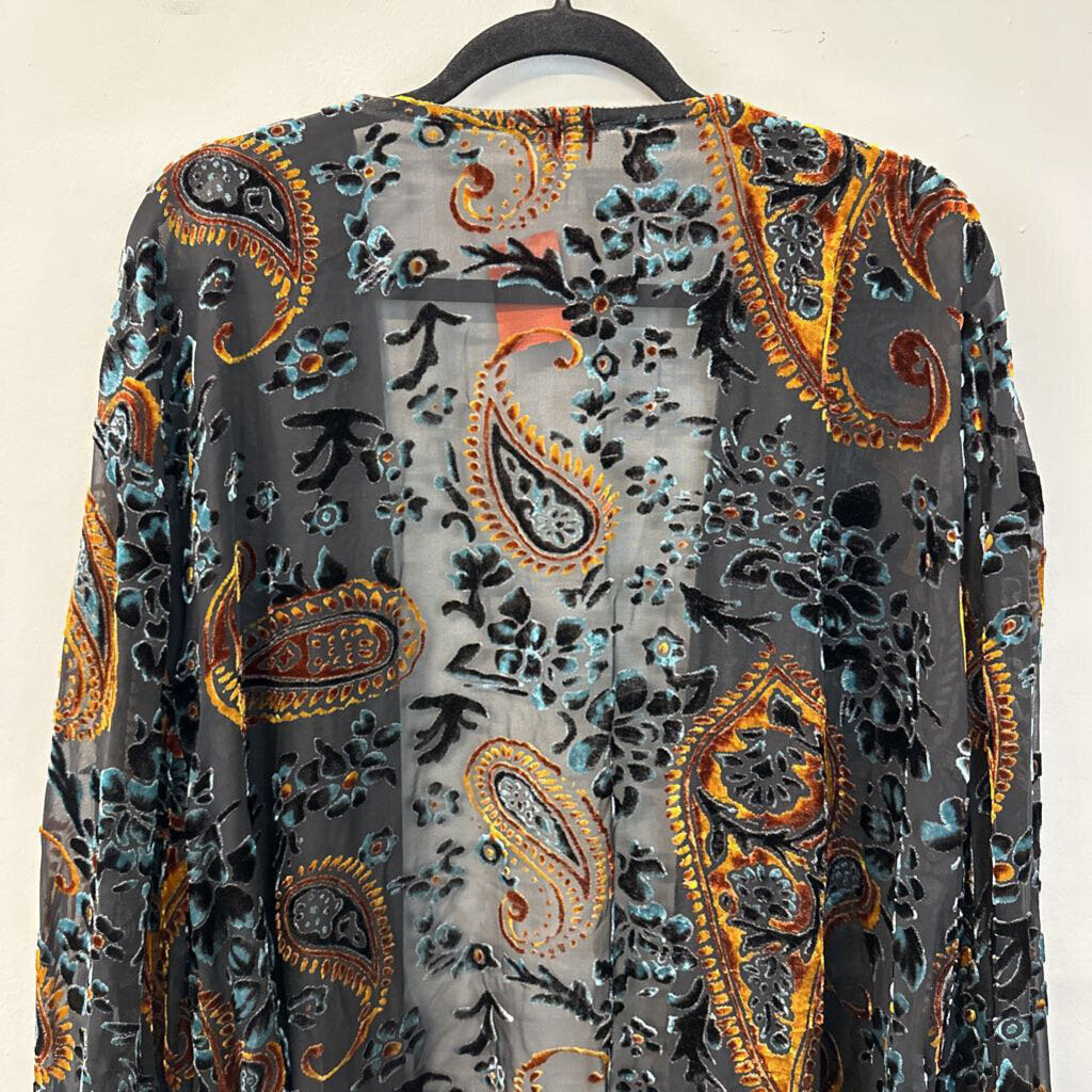 Jodifl Grey/ Blue/ Gold Velvet Paisley Print Open Front Kimono 3X