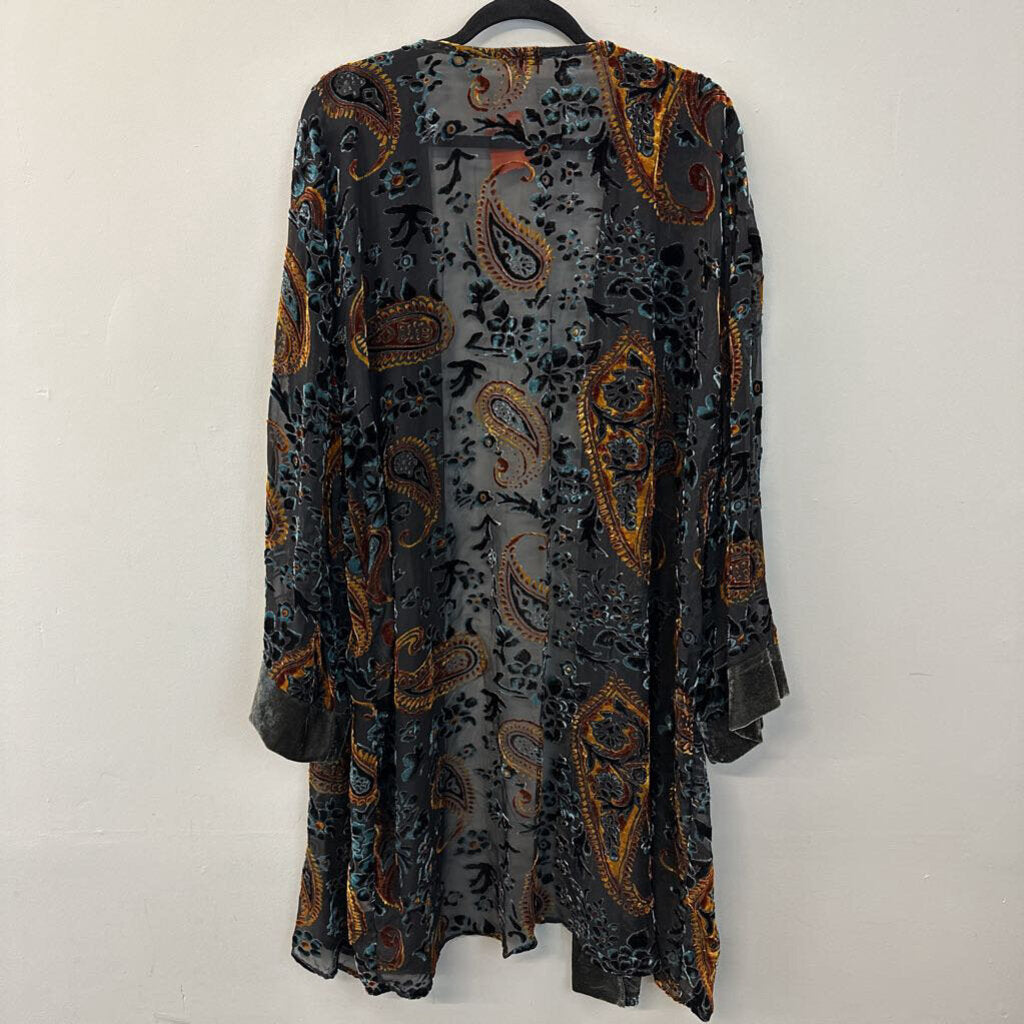 Jodifl Grey/ Blue/ Gold Velvet Paisley Print Open Front Kimono 3X