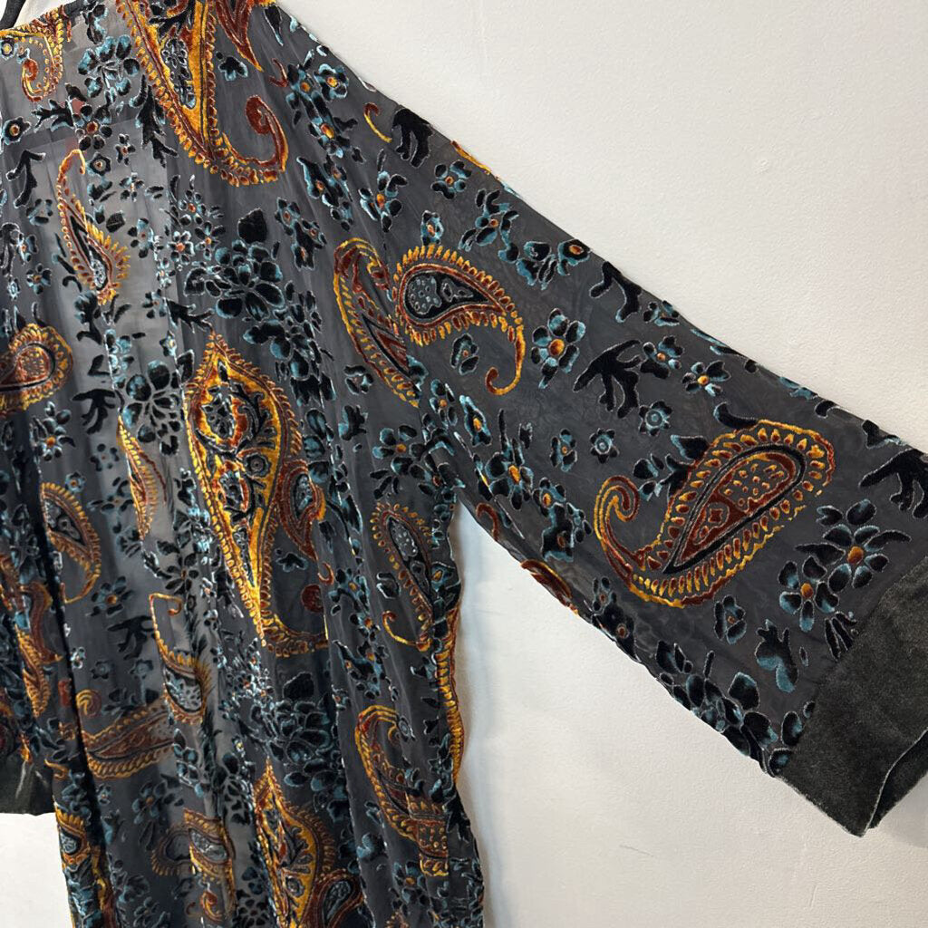 Jodifl Grey/ Blue/ Gold Velvet Paisley Print Open Front Kimono 3X