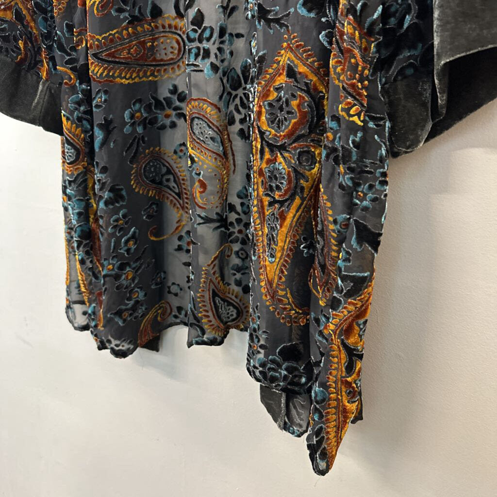 Jodifl Grey/ Blue/ Gold Velvet Paisley Print Open Front Kimono 3X