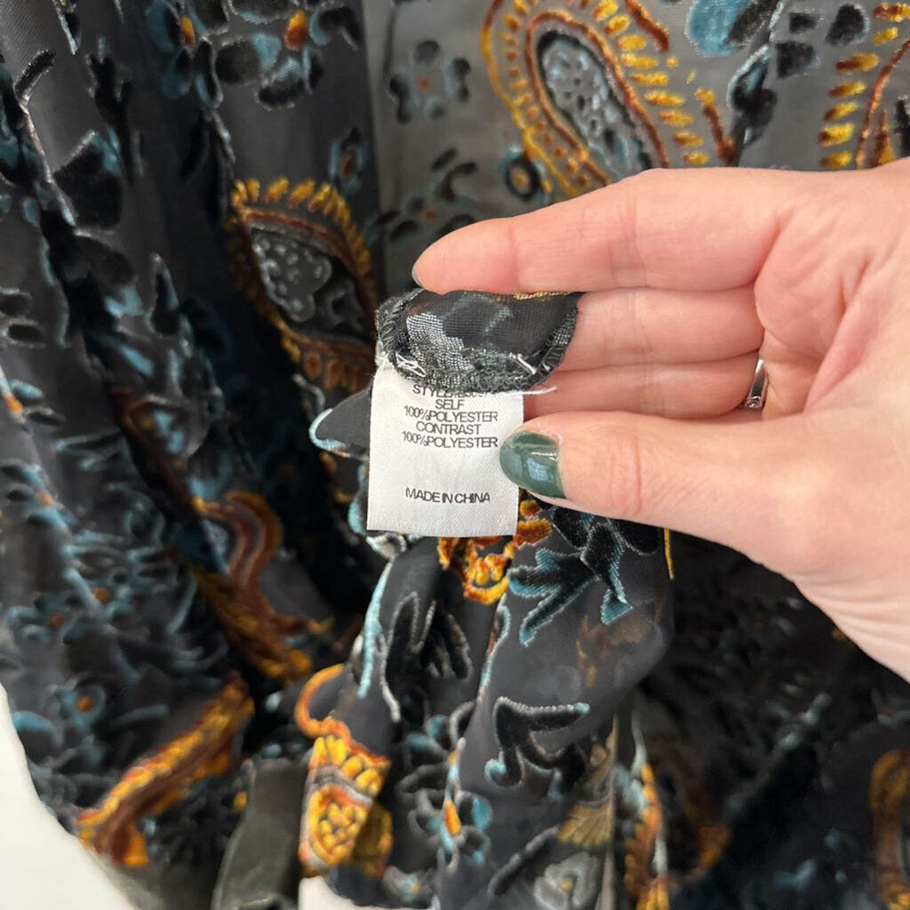 Jodifl Grey/ Blue/ Gold Velvet Paisley Print Open Front Kimono 3X