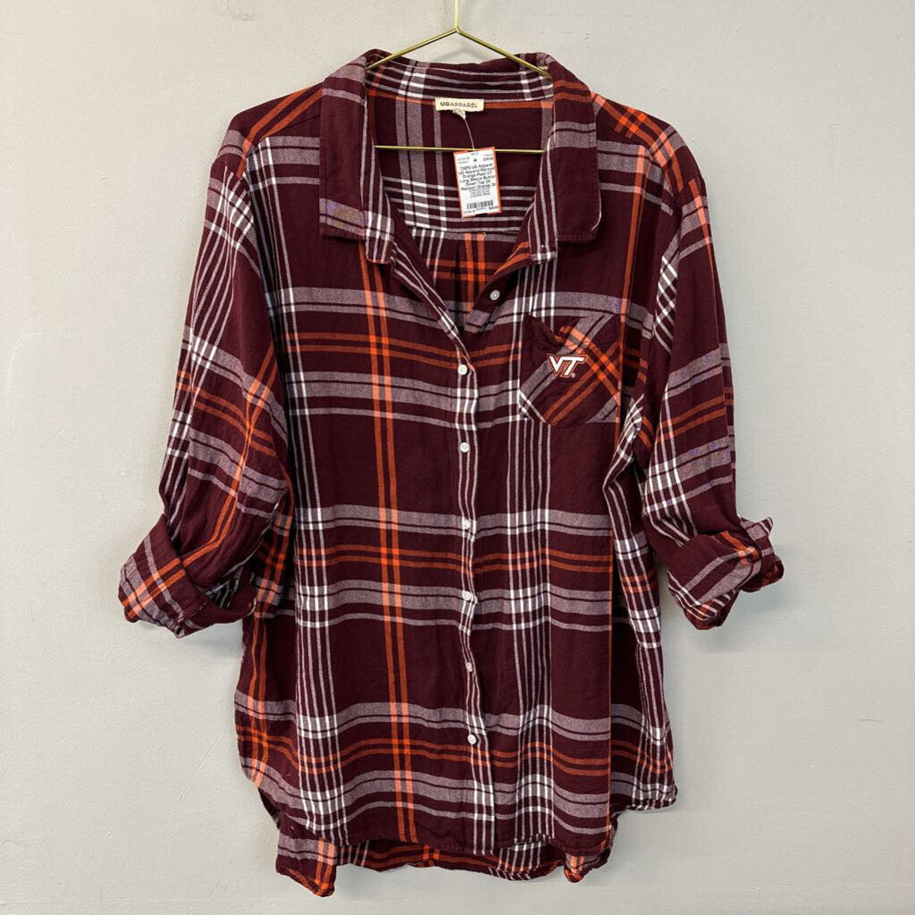 UG Apparel Maroon/ Orange Plaid VT Long Sleeve Button Down Top 3X