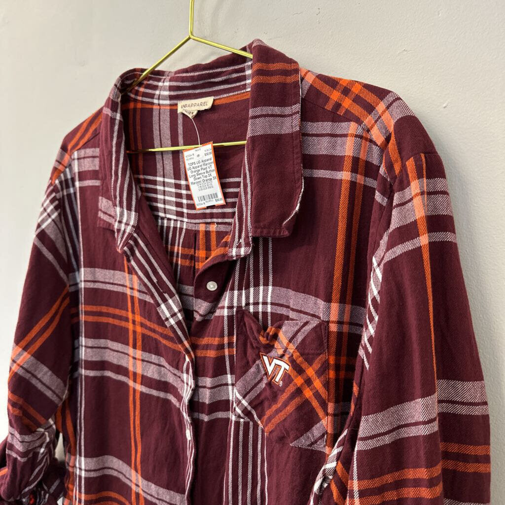 UG Apparel Maroon/ Orange Plaid VT Long Sleeve Button Down Top 3X