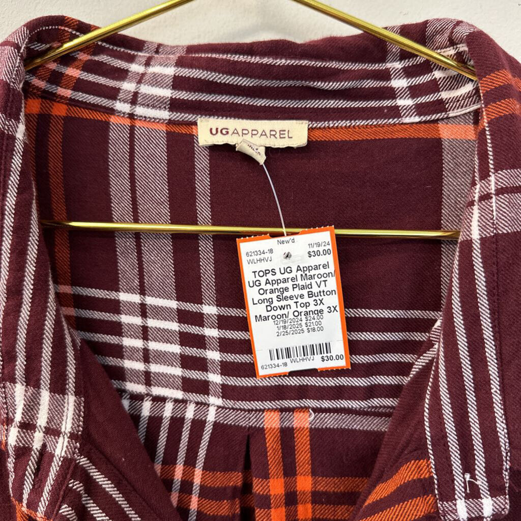 UG Apparel Maroon/ Orange Plaid VT Long Sleeve Button Down Top 3X