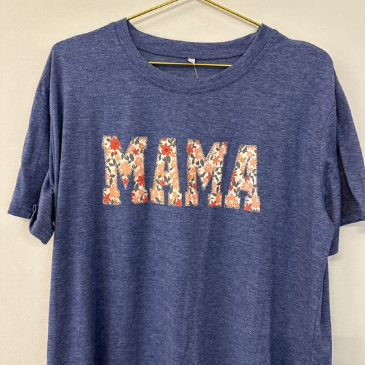 Blue/ Pink Flower Print 'Mama' Short Sleeve Graphic Tee 2XL